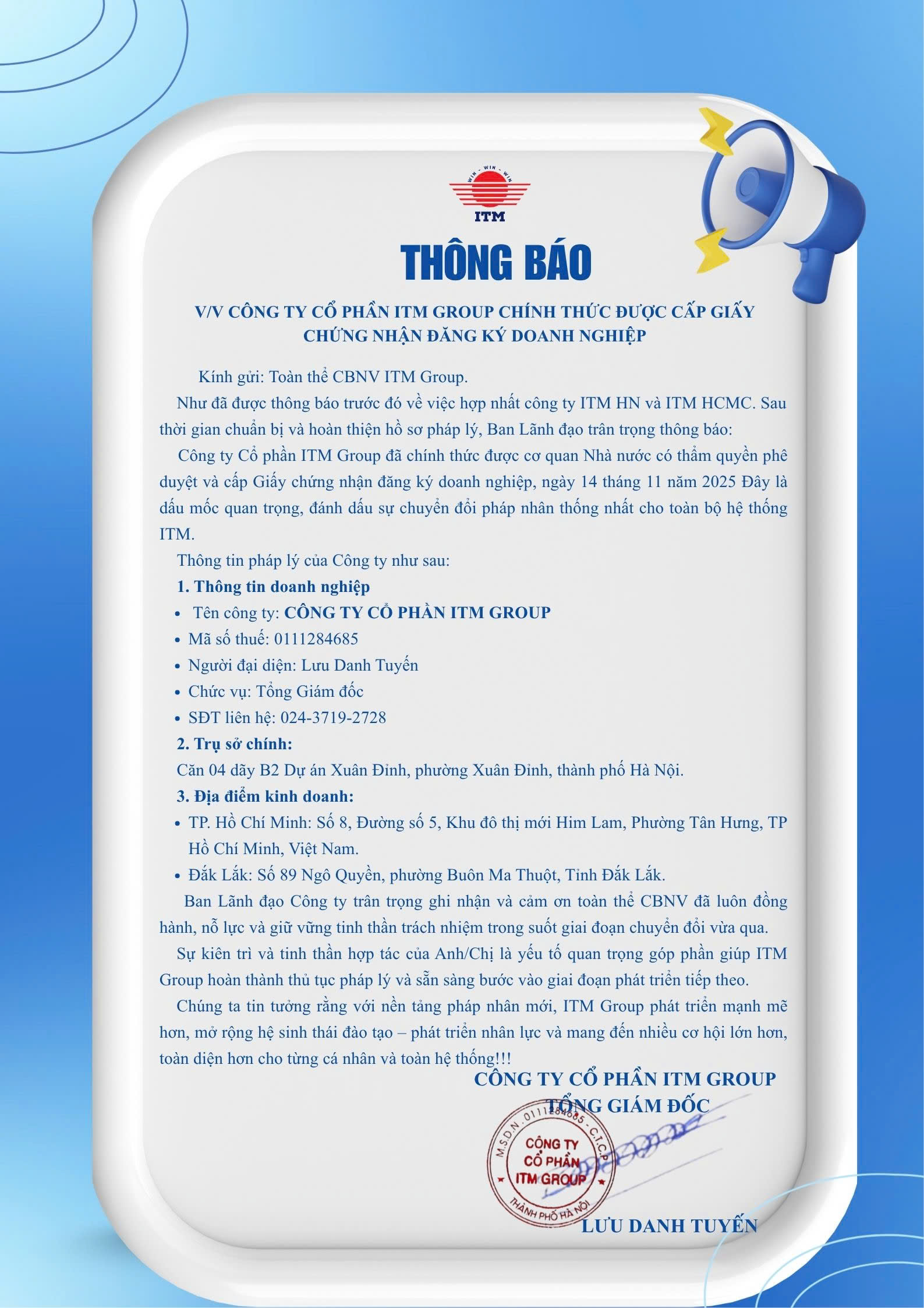 Thông báo ITM Group chính thức ra đời ngày 14/11/2025
