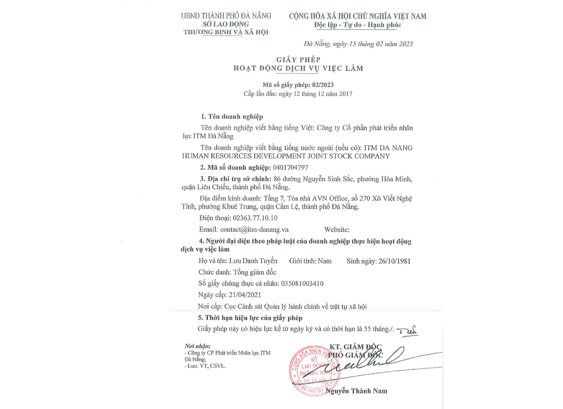 ITM ĐN nhận Giấy phép Hoạt động dịch vụ việc làm